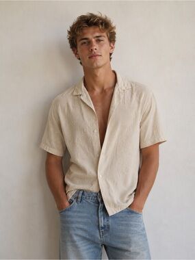 A&F Men’s Camp Collar Summer Linen Blend Embroidered shirt